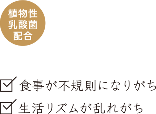 植物性乳酸菌配合。食事が不規則になりがち、生活リズムが乱れがち。