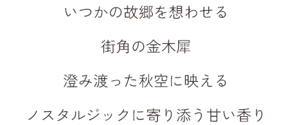 いつかの故郷を想わせる 街角の金木犀 澄み渡った秋空に映える ノスタルジックに寄り添う甘い香り