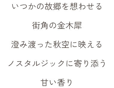 いつかの故郷を想わせる 街角の金木犀 澄み渡った秋空に映える ノスタルジックに寄り添う甘い香り